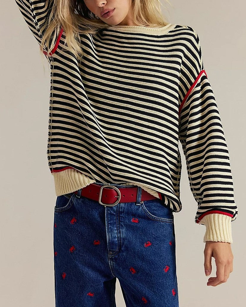 Breton Stripe Boat Neck Pullover Sweater - Black