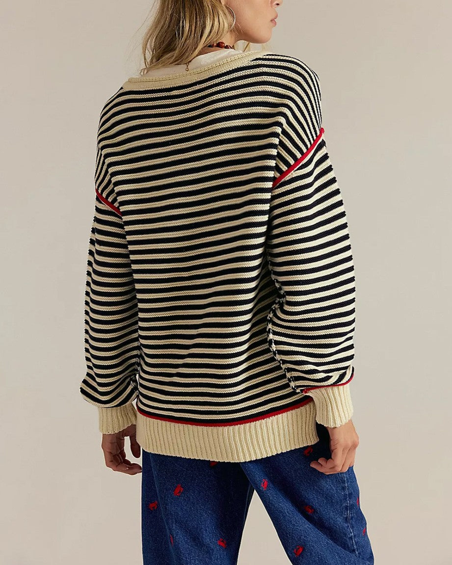 Breton Stripe Boat Neck Pullover Sweater - Black - 1