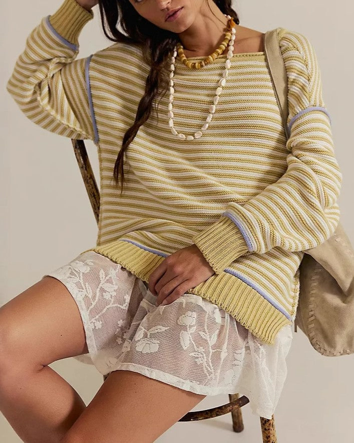 Breton Stripe Boat Neck Pullover Sweater - Yellow