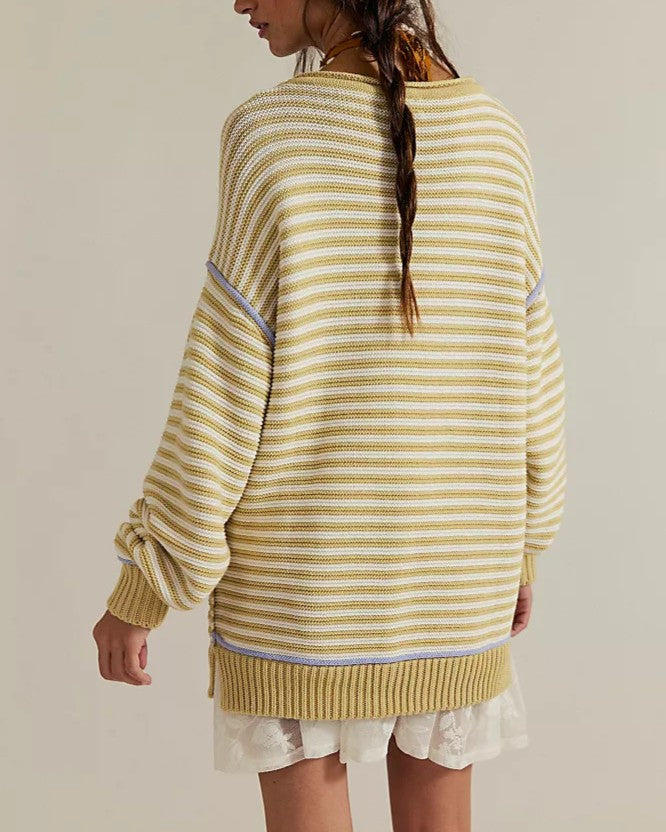 Breton Stripe Boat Neck Pullover Sweater - Yellow - 1
