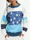 Daisy Floral Patchwork Oversized Pullover Top - Blue