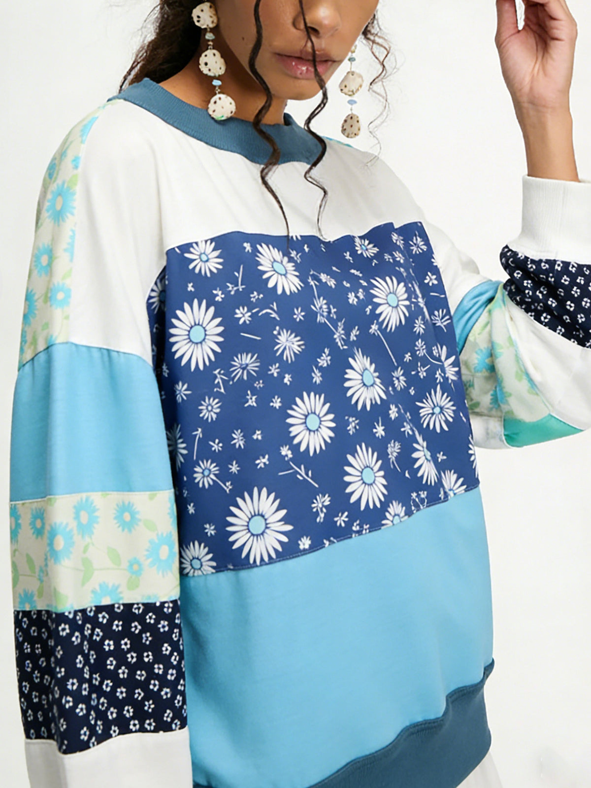 Daisy Floral Patchwork Oversized Pullover Top - Blue - 1