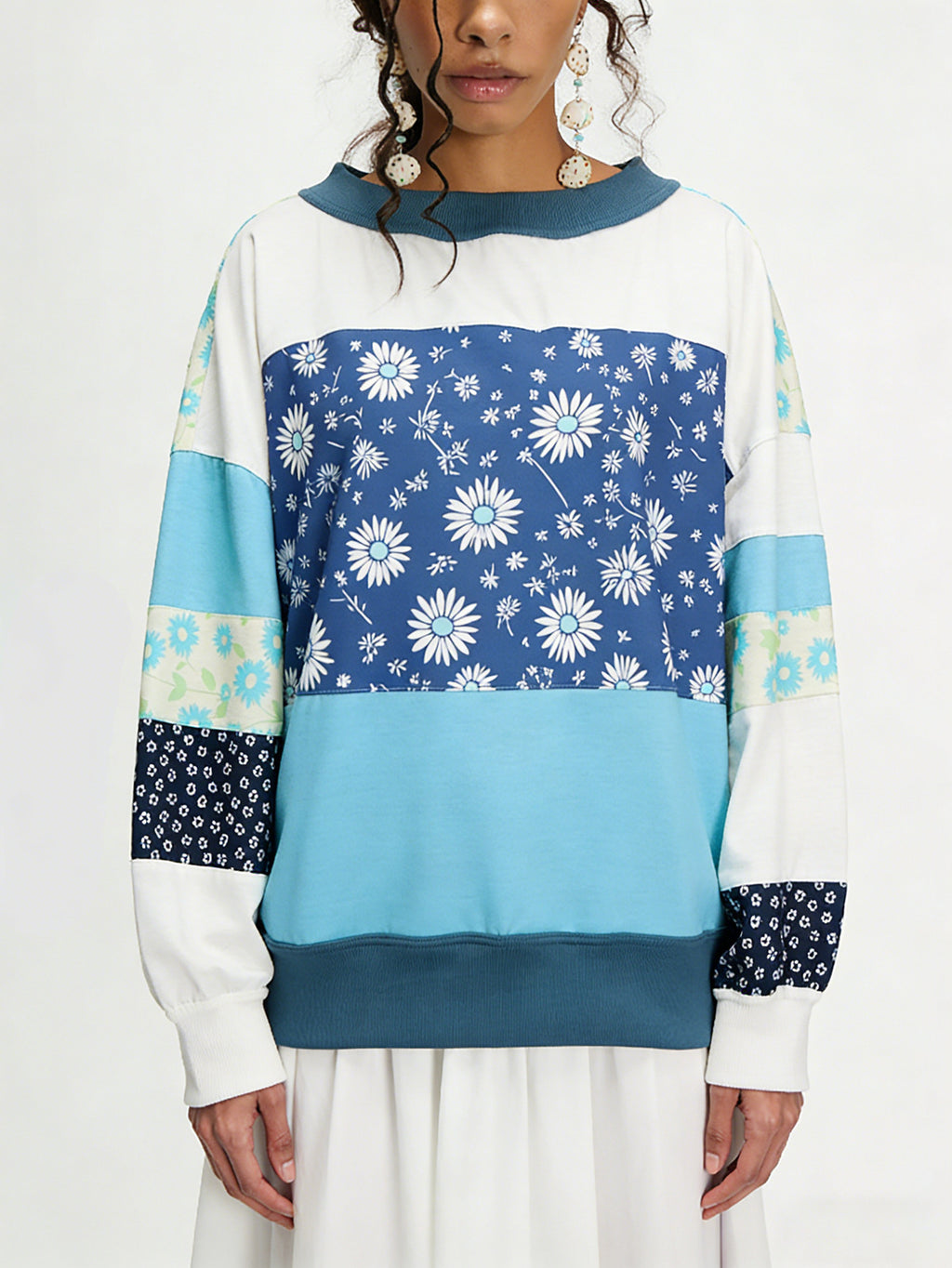 Daisy Floral Patchwork Oversized Pullover Top - Blue - 4