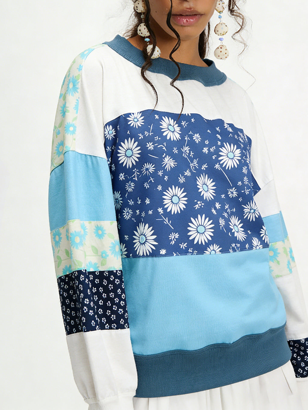 Daisy Floral Patchwork Oversized Pullover Top - Blue - 5