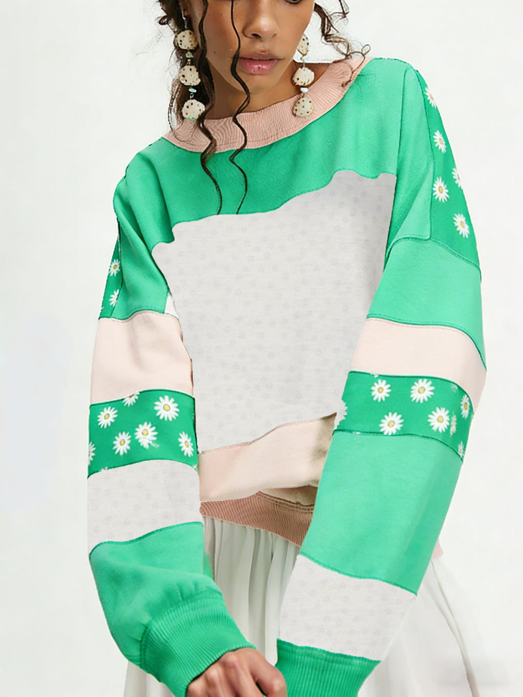 Daisy Floral Patchwork Oversized Pullover Top - Green