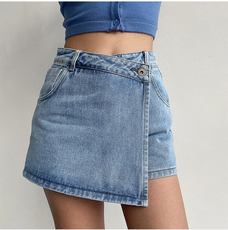 Light Wash Denim Wrap High Waist Skort - Light Blue