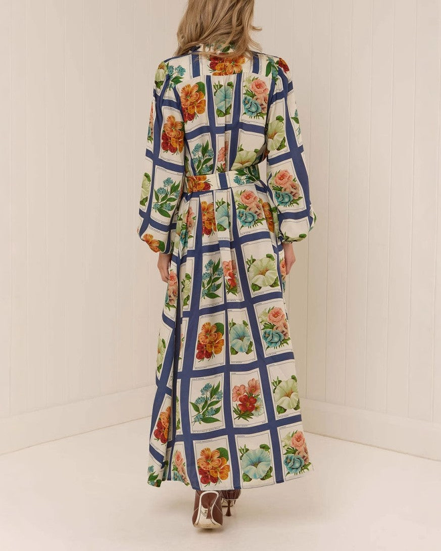 Floral Grid Print Collared Maxi Shirt Dress - Blue