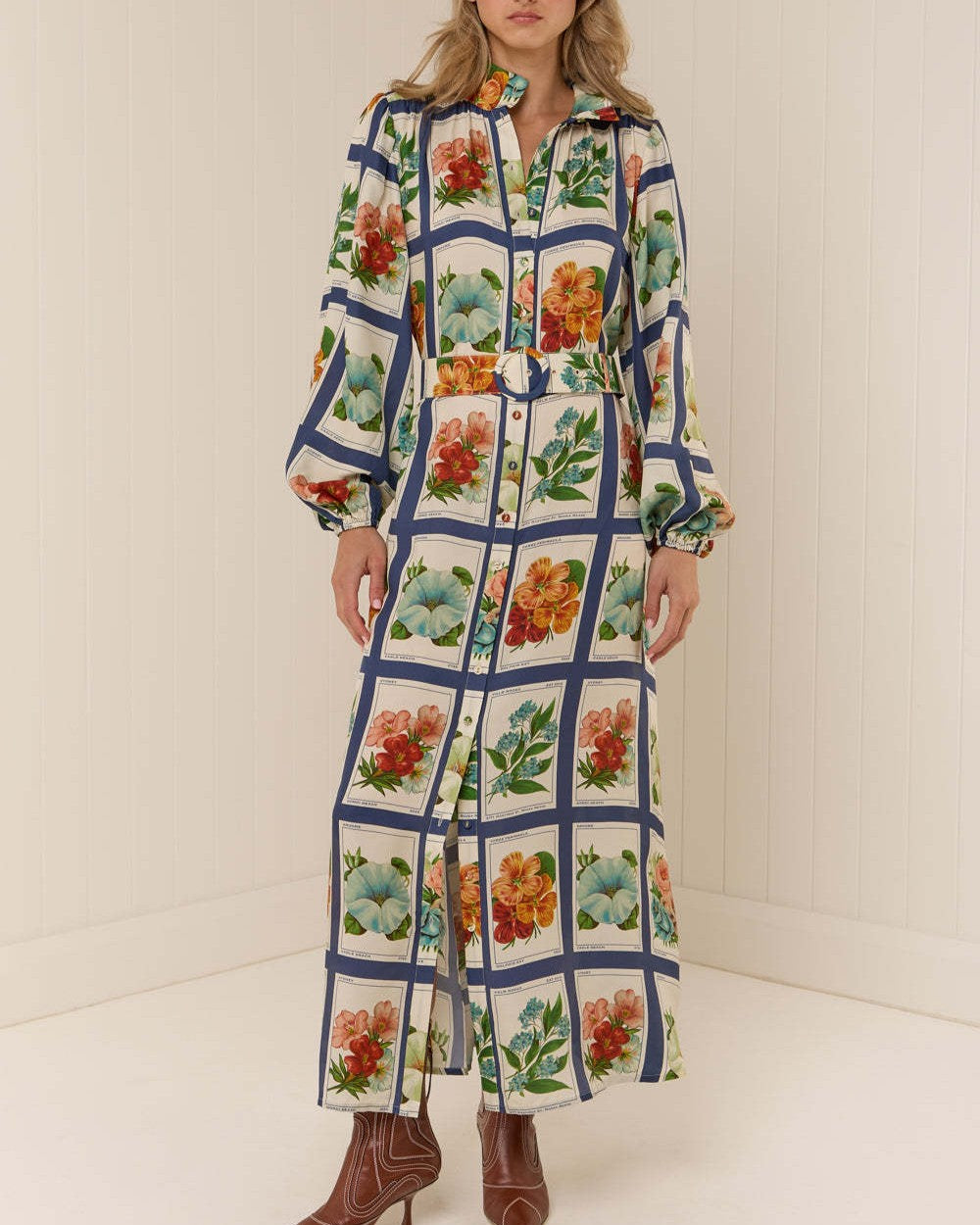 Floral Grid Print Collared Maxi Shirt Dress - Blue - 1