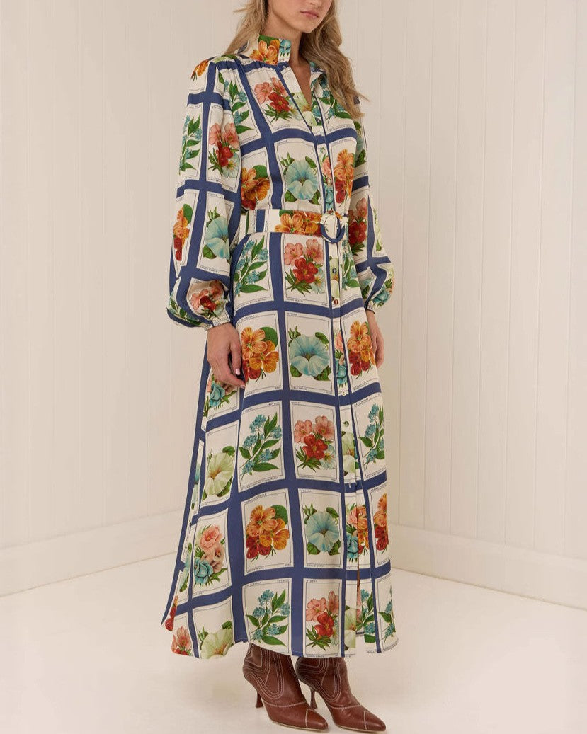 Floral Grid Print Collared Maxi Shirt Dress - Blue - 2