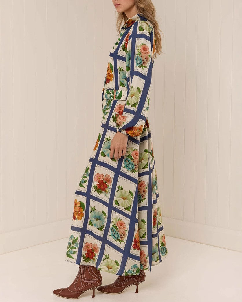 Floral Grid Print Collared Maxi Shirt Dress - Blue - 3