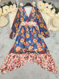 Boho Floral Print High Waist Midi Dress - Blue