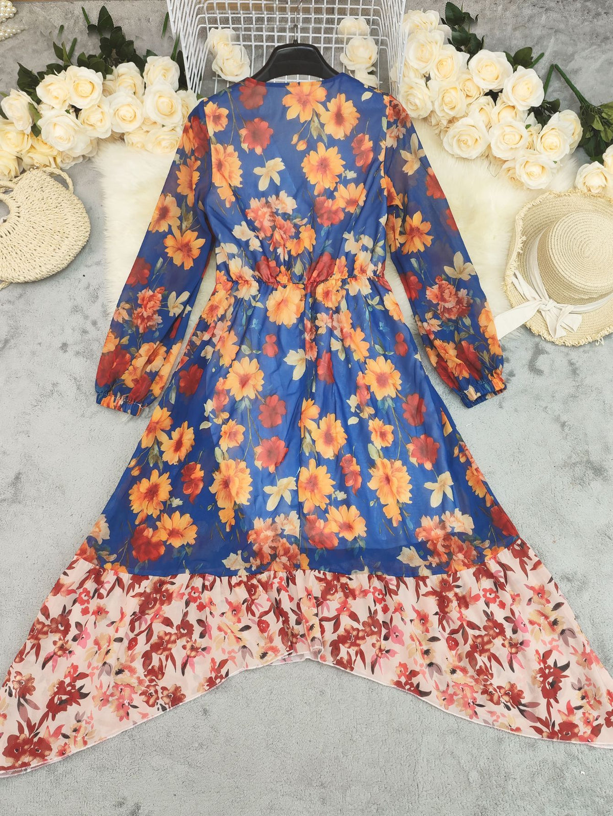Boho Floral Print High Waist Midi Dress - Blue - 1