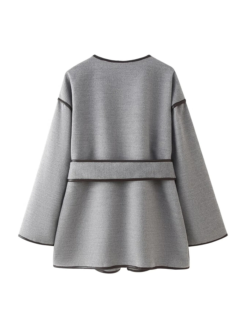 Grey Contrast Trim Belted Wrap Coat - Grey
