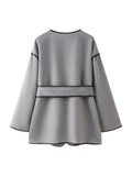 Grey Contrast Trim Belted Wrap Coat - Grey