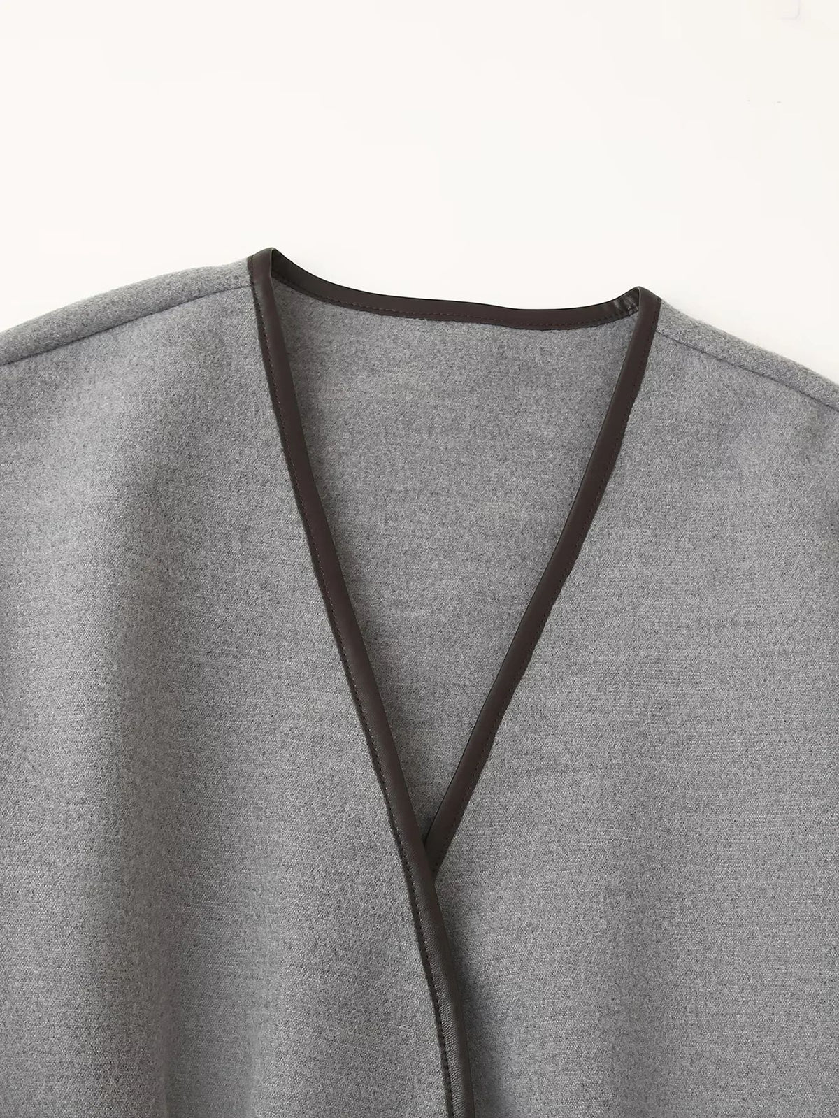 Grey Contrast Trim Belted Wrap Coat - Grey - 1