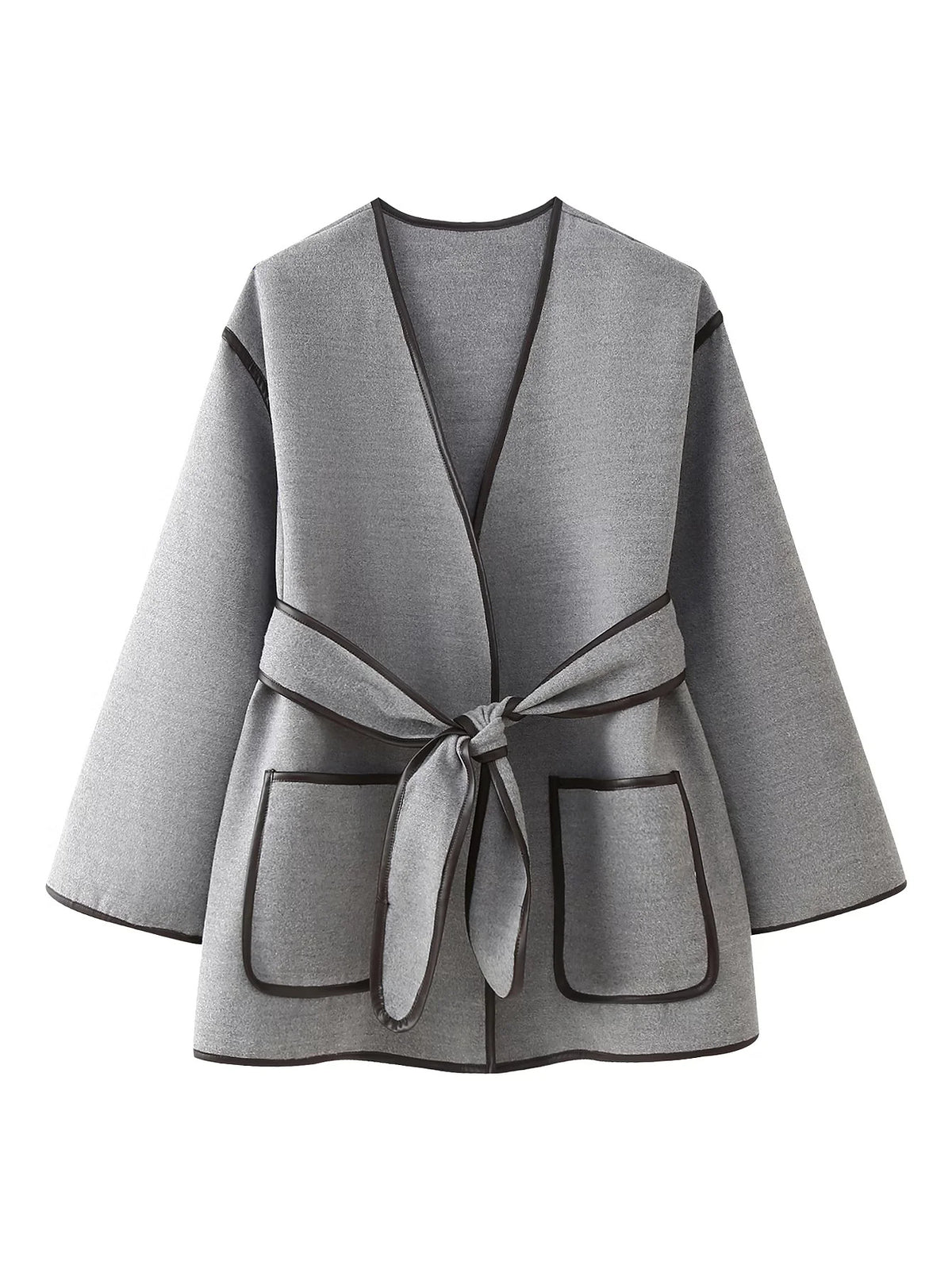 Grey Contrast Trim Belted Wrap Coat