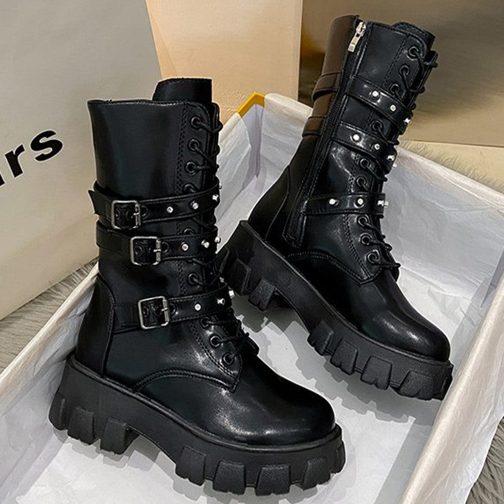 Studded Buckle Strap Lug Sole Combat Boots - Black
