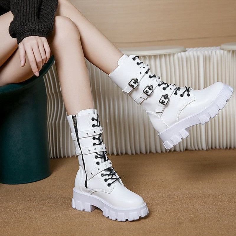 Studded Buckle Strap Lug Sole Combat Boots
