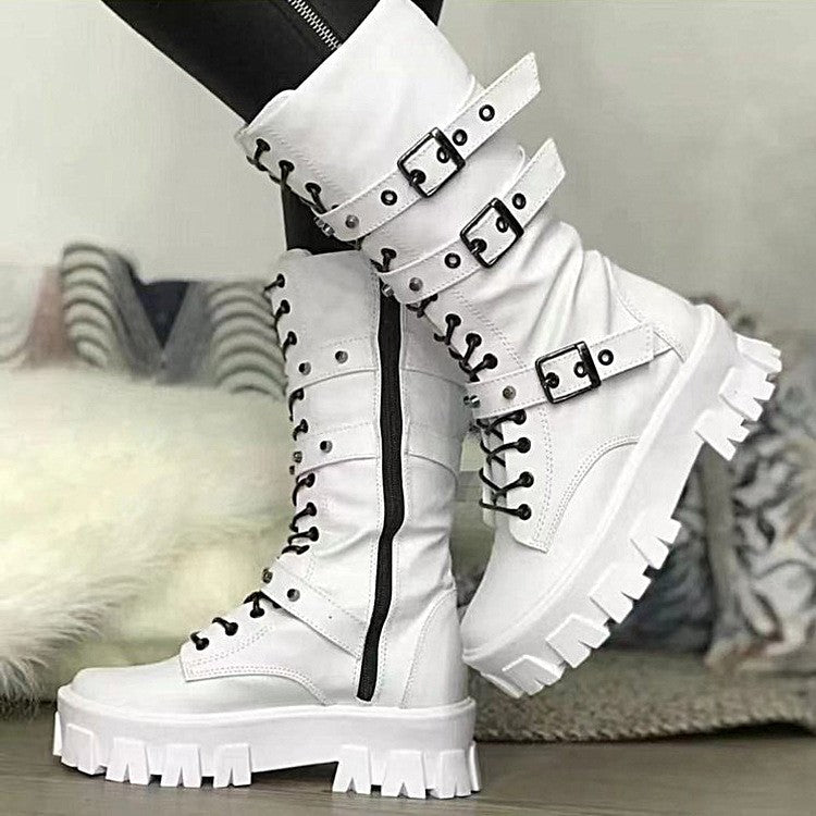 Studded Buckle Strap Lug Sole Combat Boots