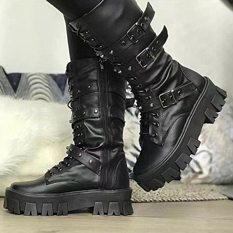 Studded Buckle Strap Lug Sole Combat Boots
