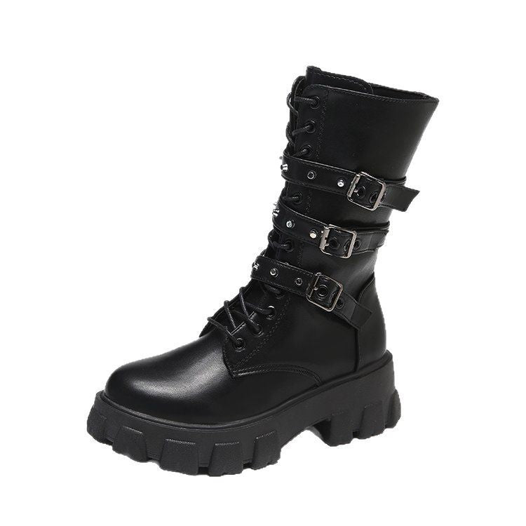 Studded Buckle Strap Lug Sole Combat Boots
