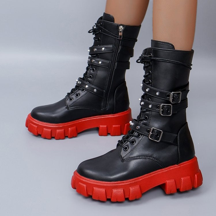 Studded Buckle Strap Lug Sole Combat Boots