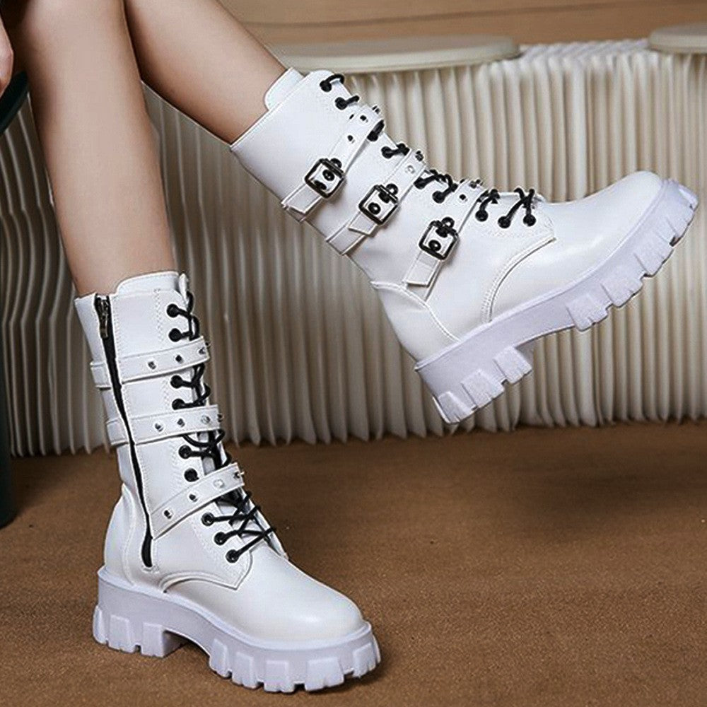 Studded Buckle Strap Lug Sole Combat Boots
