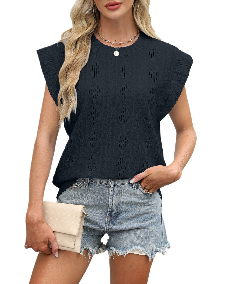 Textured Pointelle Cap Sleeve Tee - Black