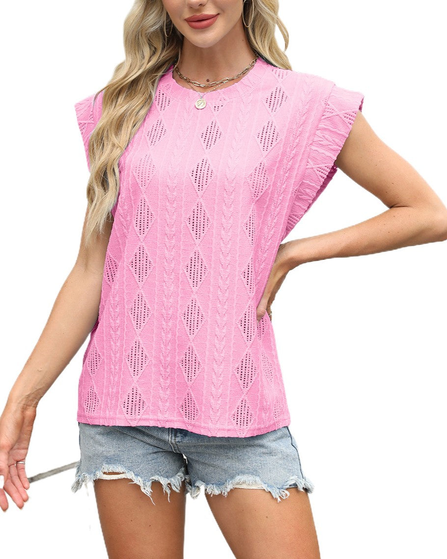 Textured Pointelle Cap Sleeve Tee - Pink - 1