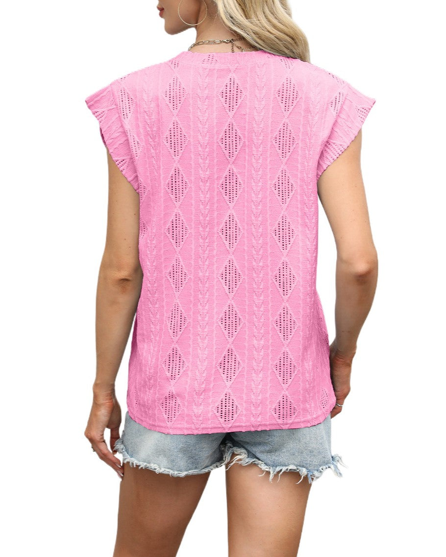 Textured Pointelle Cap Sleeve Tee - Pink - 2
