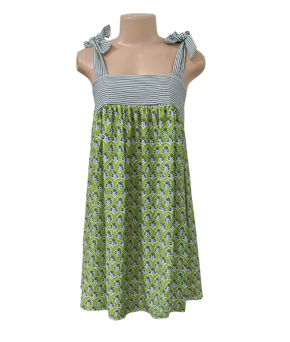 Tie Strap Babydoll Mini Dress With Floral Skirt - Green01 - 1