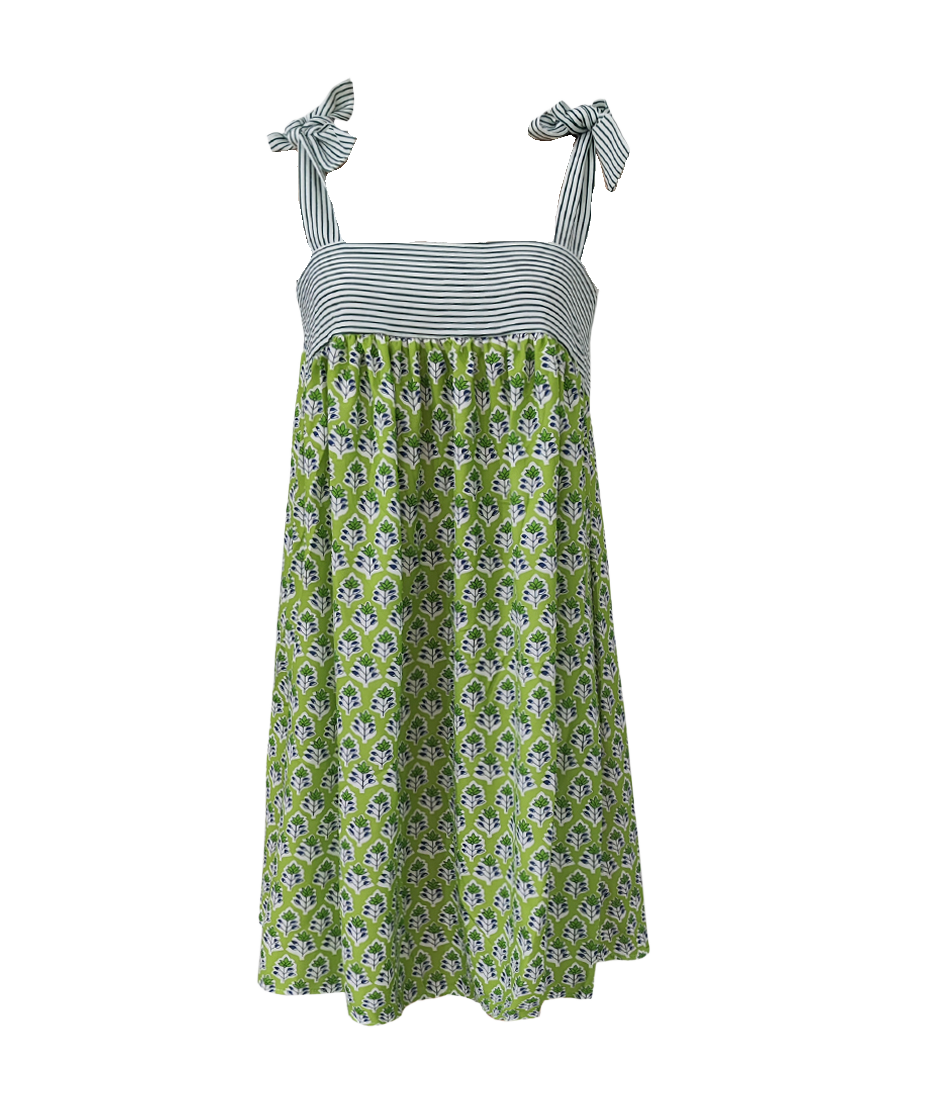 Tie Strap Babydoll Mini Dress With Floral Skirt - Green01 - 2