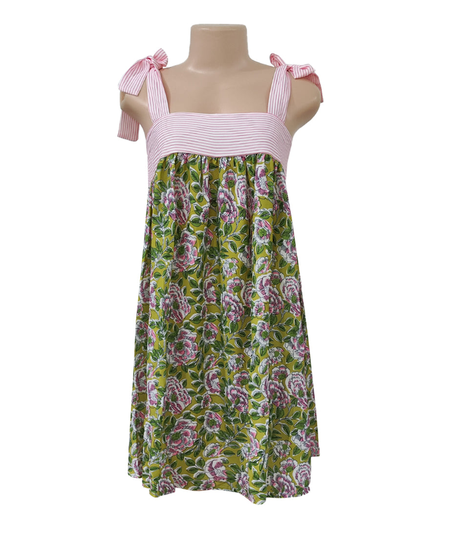 Tie Strap Babydoll Mini Dress With Floral Skirt - GreenPink