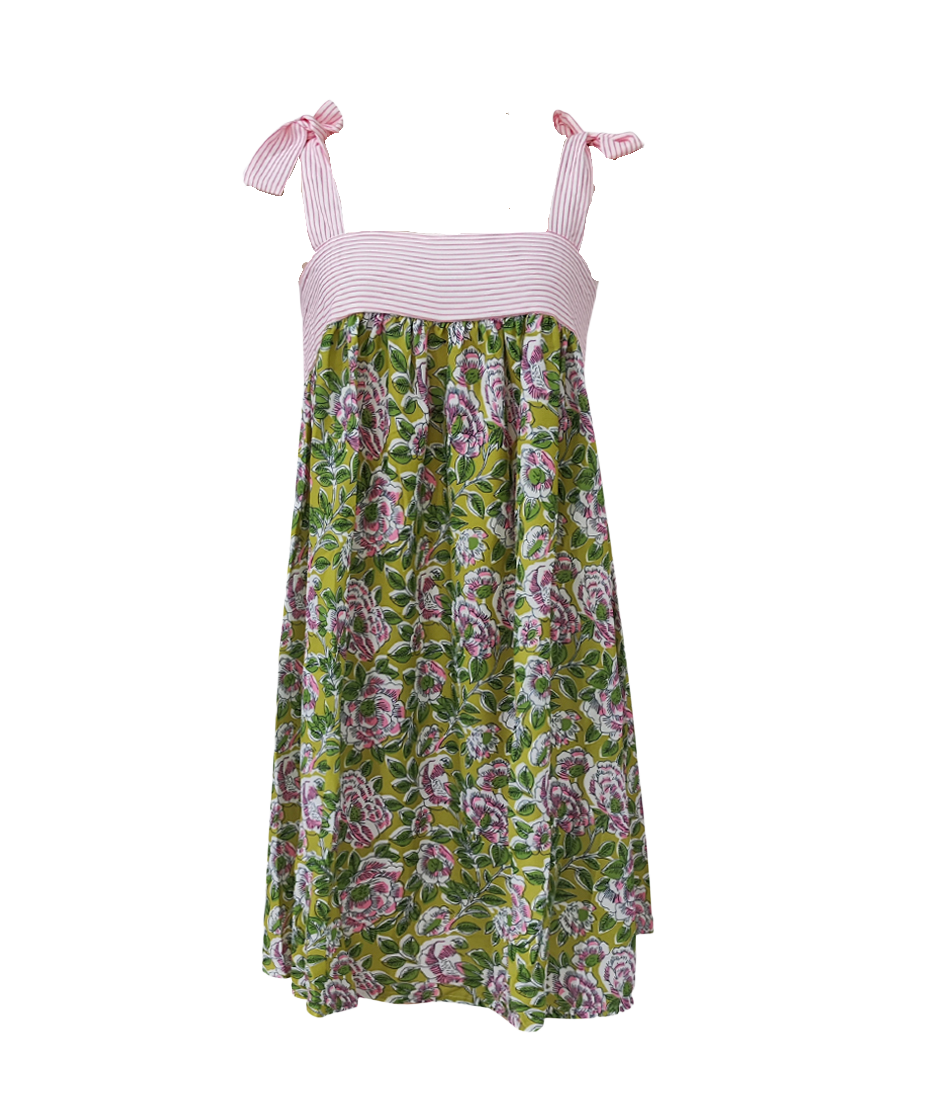 Tie Strap Babydoll Mini Dress With Floral Skirt - GreenPink - 1