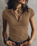 Zip Collar Ribbed Cap Sleeve Tee - Brown