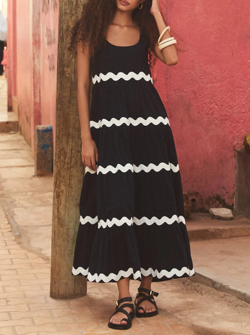 Ric Rac Trim Tiered Sleeveless Maxi Dress - Black