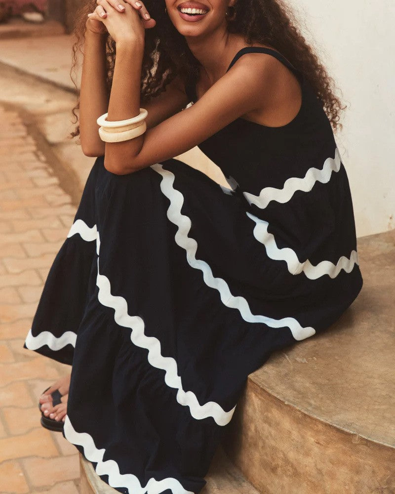 Ric Rac Trim Tiered Sleeveless Maxi Dress - Black - 3