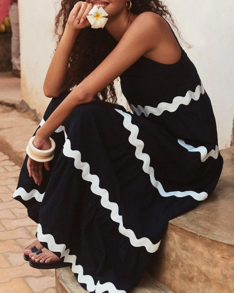 Ric Rac Trim Tiered Sleeveless Maxi Dress - Black - 4