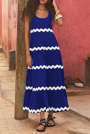 Ric Rac Trim Tiered Sleeveless Maxi Dress - Blue