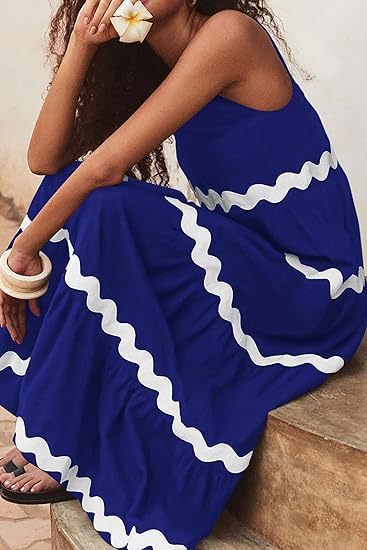 Ric Rac Trim Tiered Sleeveless Maxi Dress - Blue - 1