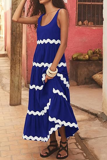 Ric Rac Trim Tiered Sleeveless Maxi Dress - Blue - 2