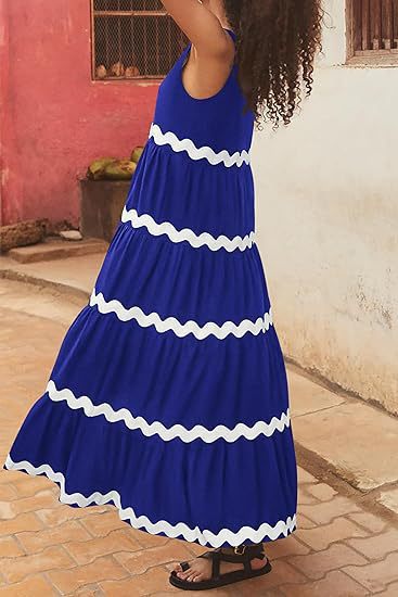 Ric Rac Trim Tiered Sleeveless Maxi Dress - Blue - 3