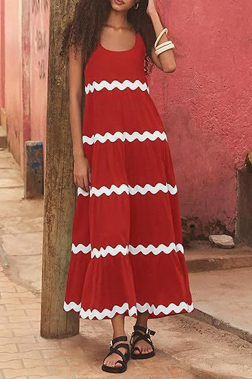Ric Rac Trim Tiered Sleeveless Maxi Dress - Red