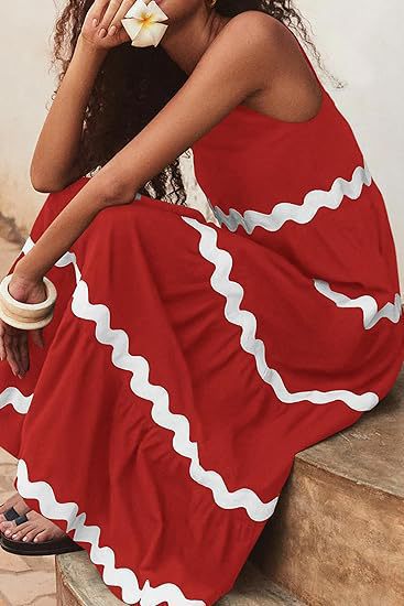 Ric Rac Trim Tiered Sleeveless Maxi Dress - Red - 1