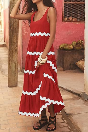 Ric Rac Trim Tiered Sleeveless Maxi Dress - Red - 2
