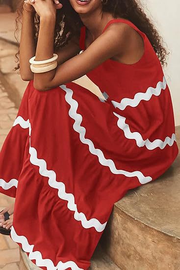 Ric Rac Trim Tiered Sleeveless Maxi Dress - Red - 3