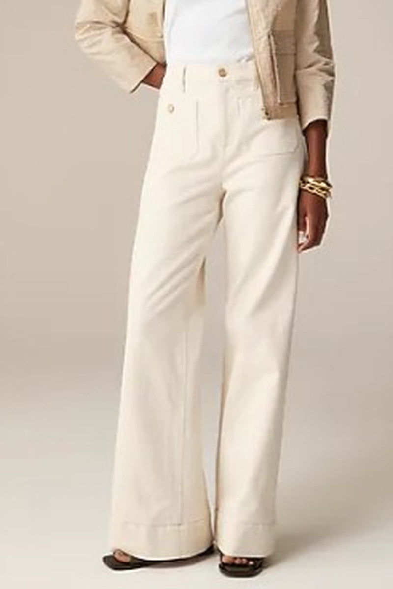 Patch Pocket High Rise Wide Leg Jeans - Beige