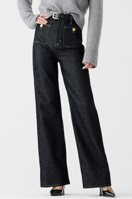 Patch Pocket High Rise Wide Leg Jeans - Black