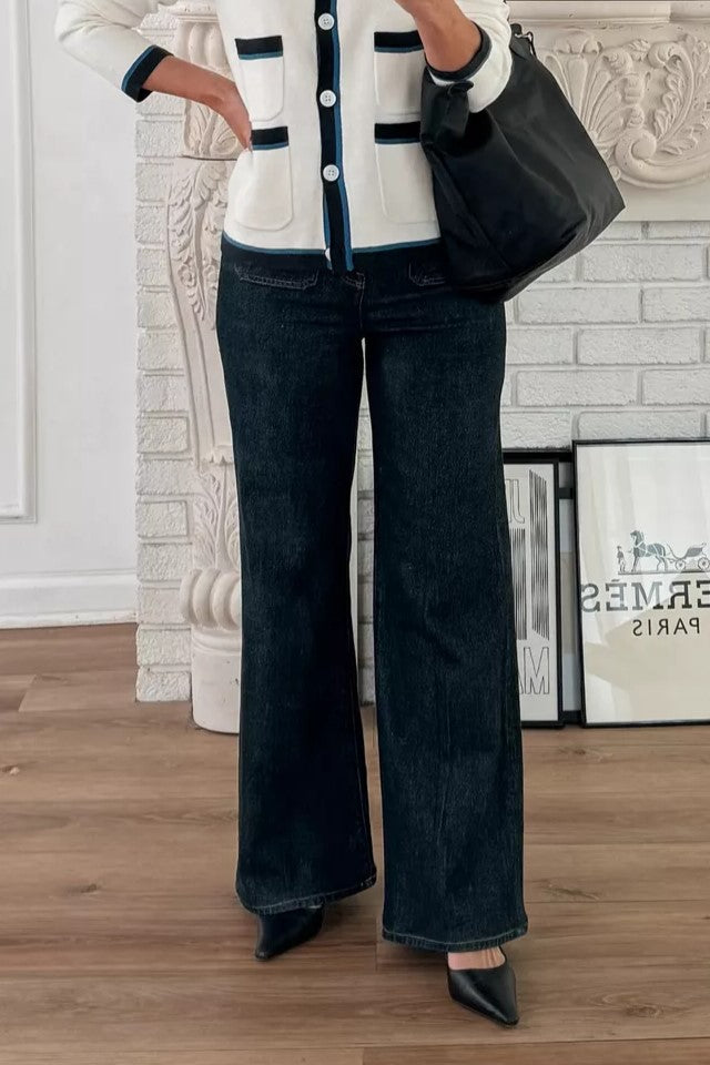 Patch Pocket High Rise Wide Leg Jeans - Black - 2