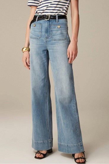 Patch Pocket High Rise Wide Leg Jeans - LtBlue